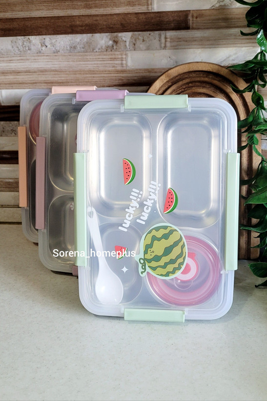 لانچ باکس/ظرف غذا استیل چند خانه همراه با ظرف خورشت ،واشردار ،طرح میوه