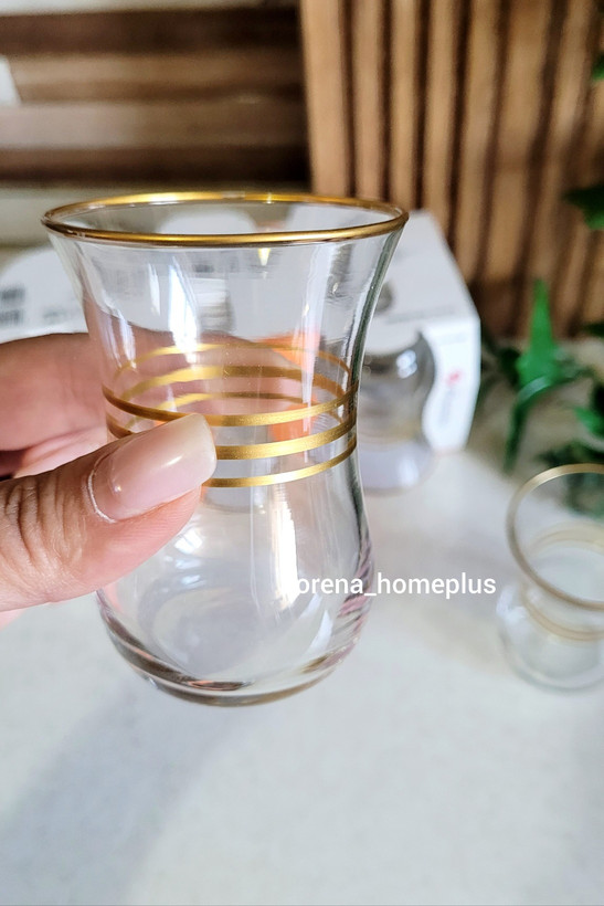 دست ۶ عددی استکان کمر باریک پاشاباغچه مدل اسکودار (Paşabahçe Üsküdar) با خطوط و لبه طلایی