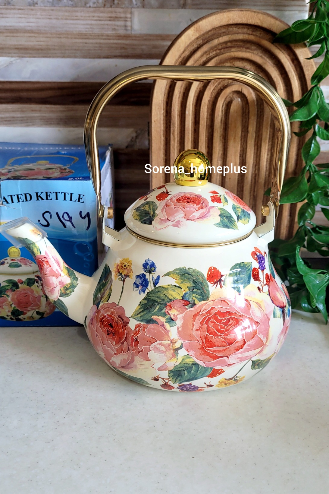 کتری لعابی ۲ لیتری طرح گل رز انگلیسی با دسته فلزی طلایی (Decorated Kettle)