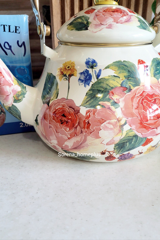 کتری لعابی ۲ لیتری طرح گل رز انگلیسی با دسته فلزی طلایی (Decorated Kettle)