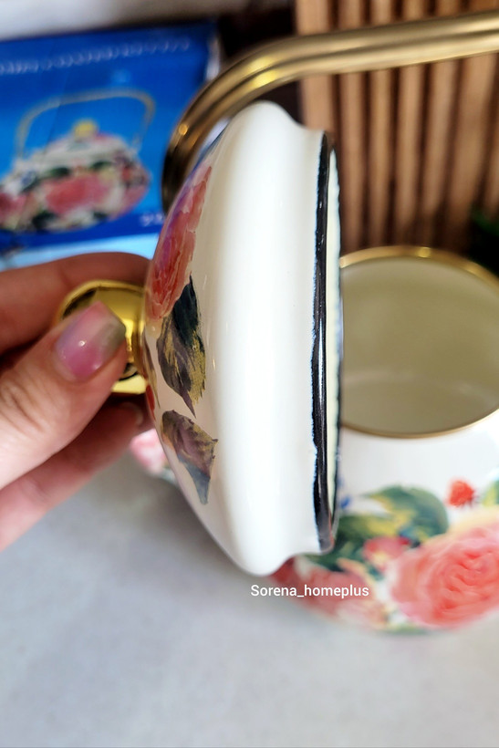 کتری لعابی ۲ لیتری طرح گل رز انگلیسی با دسته فلزی طلایی (Decorated Kettle)