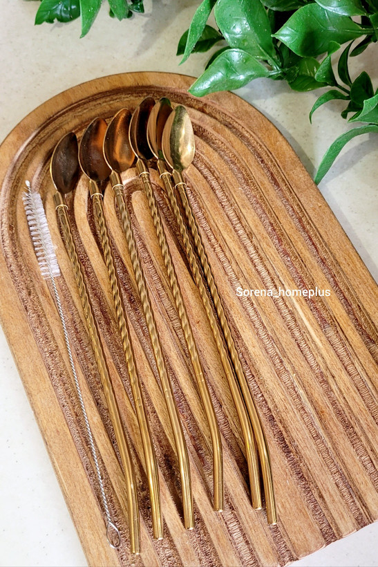 نی قاشقی استیل شربتخوری طرحدار (بسته ۶ عددی به همراه فرچه شستشو)