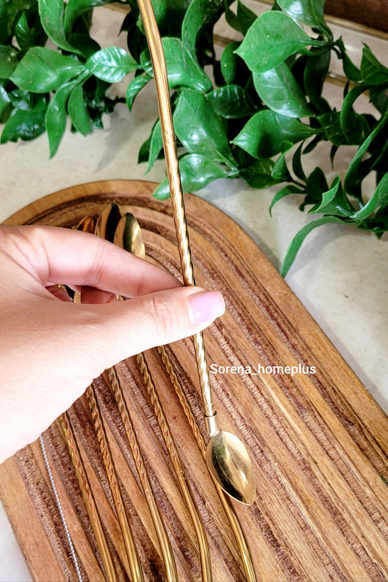 نی قاشقی استیل شربتخوری طرحدار (بسته ۶ عددی به همراه فرچه شستشو)