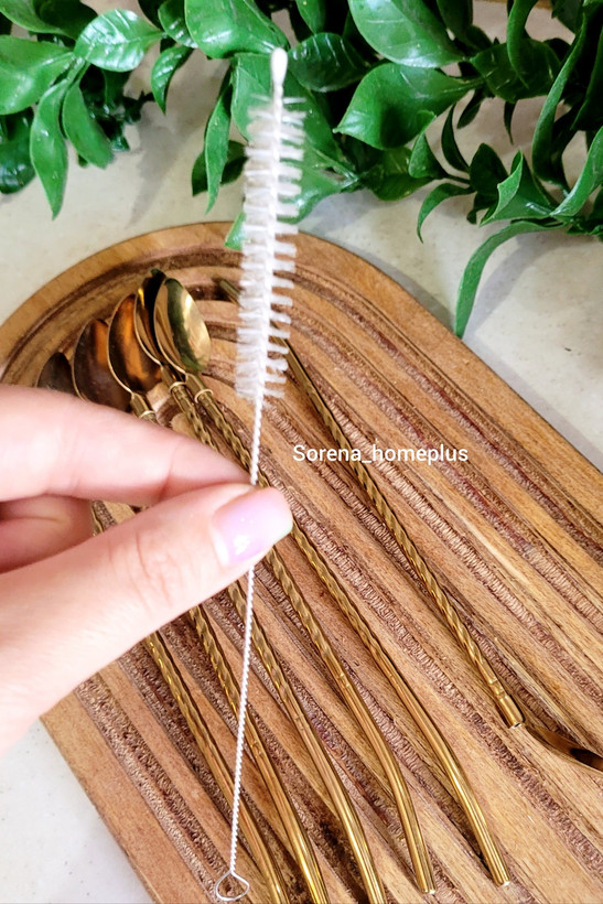 نی قاشقی استیل شربتخوری طرحدار (بسته ۶ عددی به همراه فرچه شستشو)