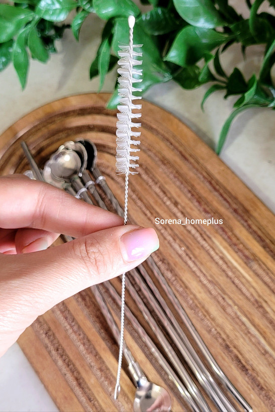 نی قاشقی استیل شربتخوری طرحدار (بسته ۶ عددی به همراه فرچه شستشو)