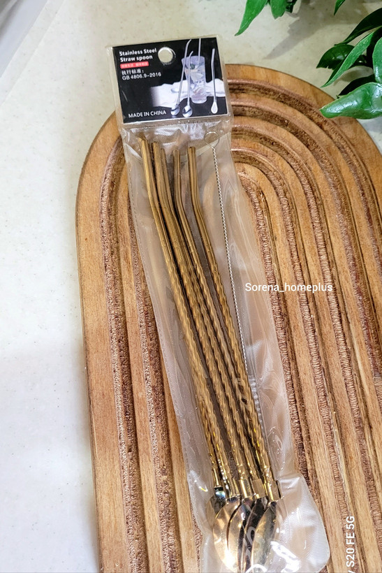 نی قاشقی استیل شربتخوری طرحدار (بسته ۶ عددی به همراه فرچه شستشو)